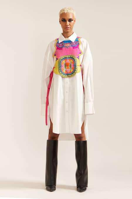 MINI SONDHI Multi Color Cotton Hand Embroidered Applique Collared Shirt Dress With Bib 