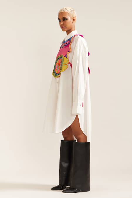 Mini Sondhi_Multi Color Cotton Embroidery Collared Shirt Dress With Hand Bib _Online_at_Aza_Fashions