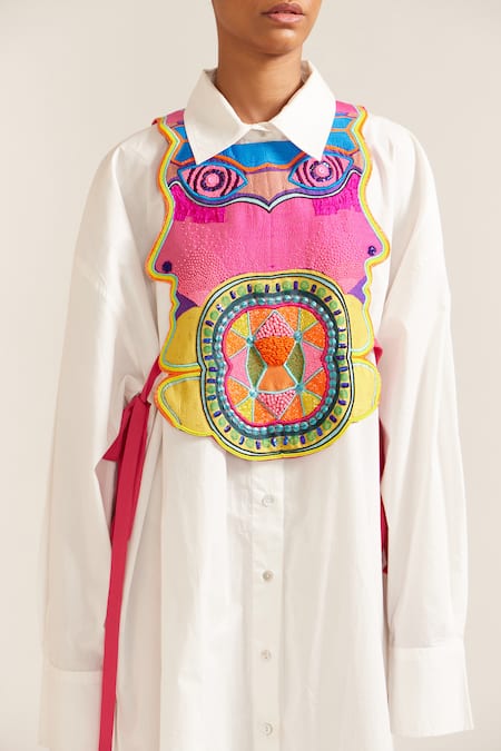 Buy_Mini Sondhi_Multi Color Cotton Embroidery Collared Shirt Dress With Hand Bib _Online_at_Aza_Fashions