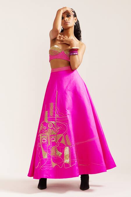 Buy Mini Sondhi Fuchsia Silk Beads, Embroidery Sweetheart Neck Lehenga With Tube Bralette Online at Aza Fashions Buy_Mini Sondhi_Fuchsia Silk Beads, Embroidery Sweetheart Neck Lehenga With Tube Bralette _Online_at_Aza_Fashions
