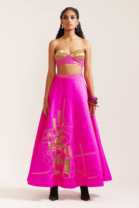 Shop Mini Sondhi Fuchsia Silk Beads, Embroidery Sweetheart Neck Lehenga With Tube Bralette Shop_Mini Sondhi_Fuchsia Silk Beads, Embroidery Sweetheart Neck Lehenga With Tube Bralette