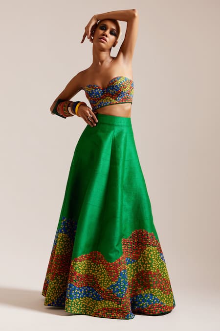 Shop Mini Sondhi Green Silk Embroidery Sweetheart Flowering Garden Lehenga With Tube Bralette Online at Aza Fashions Shop_Mini Sondhi_Green Silk Embroidery Sweetheart Flowering Garden Lehenga With Tube Bralette _Online_at_Aza_Fashions