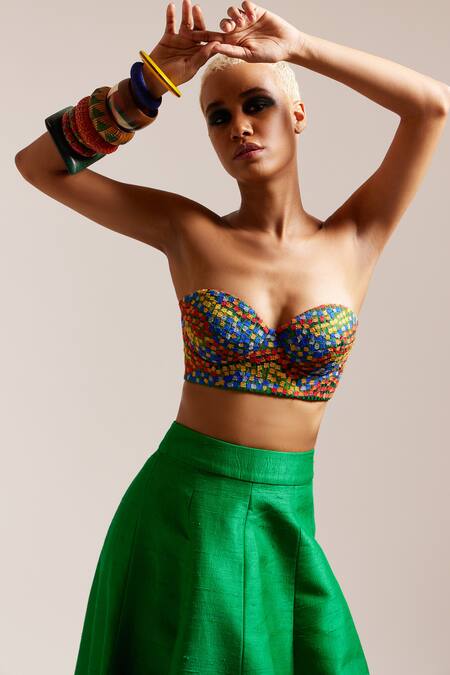 Buy Mini Sondhi Green Silk Embroidery Sweetheart Flowering Garden Lehenga With Tube Bralette Buy_Mini Sondhi_Green Silk Embroidery Sweetheart Flowering Garden Lehenga With Tube Bralette