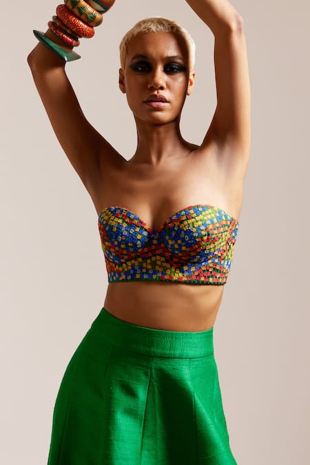 Shop Mini Sondhi Green Silk Embroidery Sweetheart Flowering Garden Lehenga With Tube Bralette Shop_Mini Sondhi_Green Silk Embroidery Sweetheart Flowering Garden Lehenga With Tube Bralette