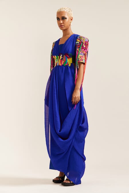Mini Sondhi_Blue Crepe Fringe, Embroidery V-neck Let Loose Draped Top Pant Set With Belt _Online_at_Aza_Fashions