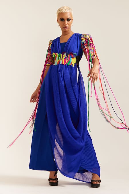 Buy_Mini Sondhi_Blue Crepe Fringe, Embroidery V-neck Let Loose Draped Top Pant Set With Belt _Online_at_Aza_Fashions