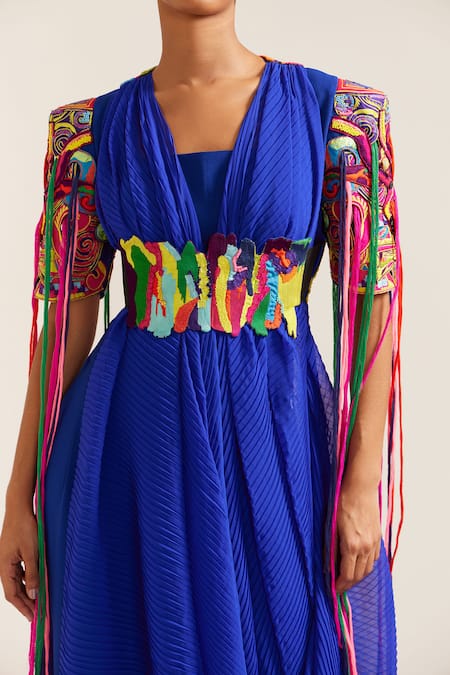 Shop_Mini Sondhi_Blue Crepe Fringe, Embroidery V-neck Let Loose Draped Top Pant Set With Belt _Online_at_Aza_Fashions