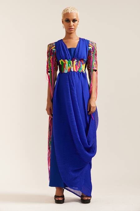 Mini Sondhi_Blue Crepe Fringe, Embroidery V-neck Let Loose Draped Top Pant Set With Belt _at_Aza_Fashions