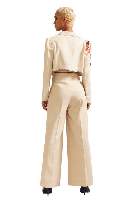 Buy_Mini Sondhi_Beige Linen Embroidery, Applique Collared Crop Jacket With Pant 