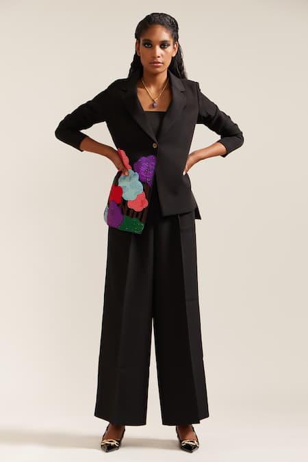 MINI SONDHI Black Crepe Hand Embroidered Applique Lapel Bloom Blazer With Pant 