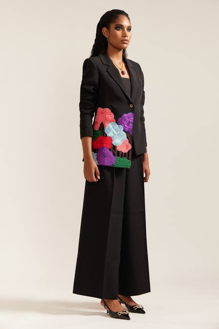 Buy Mini Sondhi Black Crepe Beads, Applique Bloom Hand Embroidered Blazer With Pant Online at Aza Fashions Buy_Mini Sondhi_Black Crepe Beads, Applique Bloom Hand Embroidered Blazer With Pant _Online_at_Aza_Fashions