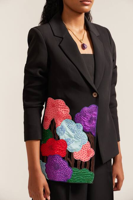 Shop Mini Sondhi Black Crepe Beads, Applique Bloom Hand Embroidered Blazer With Pant Online at Aza Fashions Shop_Mini Sondhi_Black Crepe Beads, Applique Bloom Hand Embroidered Blazer With Pant _Online_at_Aza_Fashions