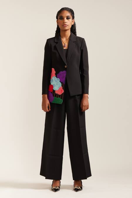 Mini Sondhi Black Crepe Beads, Applique Bloom Hand Embroidered Blazer With Pant at Aza Fashions Mini Sondhi_Black Crepe Beads, Applique Bloom Hand Embroidered Blazer With Pant _at_Aza_Fashions