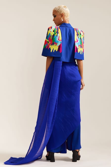 Mini Sondhi Pre-Draped Pleated Saree With Embroidered Jacket Set 