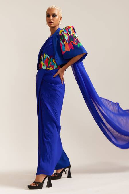 Buy_Mini Sondhi_Blue Crepe Beads, Embroidery, Applique Pre-draped Pleated Saree With Jacket Set _Online_at_Aza_Fashions