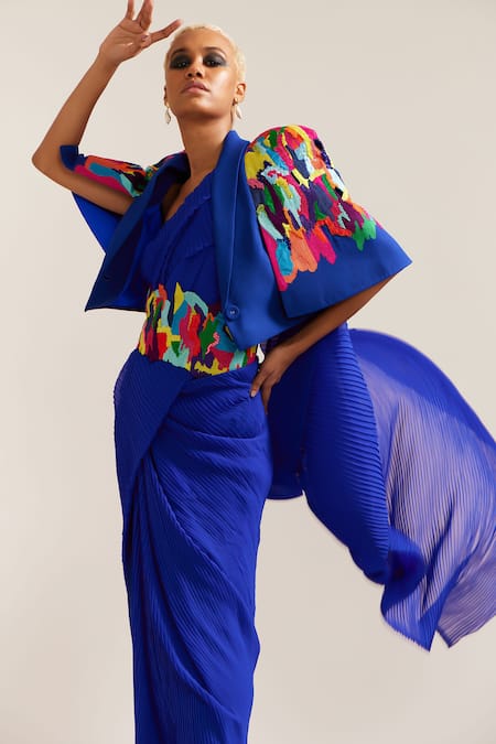 Shop_Mini Sondhi_Blue Crepe Beads, Embroidery, Applique Pre-draped Pleated Saree With Jacket Set _Online_at_Aza_Fashions