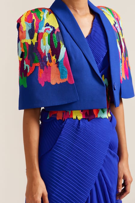 Mini Sondhi_Blue Crepe Beads, Embroidery, Applique Pre-draped Pleated Saree With Jacket Set _at_Aza_Fashions