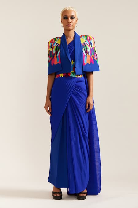 Buy_Mini Sondhi_Blue Crepe Beads, Embroidery, Applique Pre-draped Pleated Saree With Jacket Set 