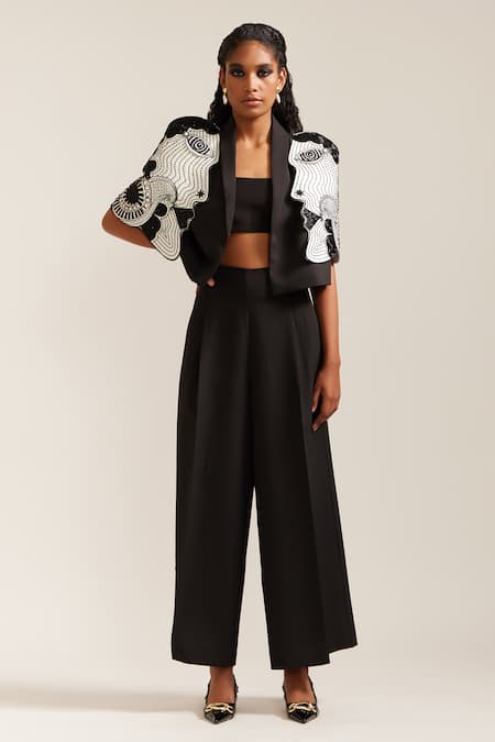 MINI SONDHI Face Embroidered Crop Jacket With Pant 