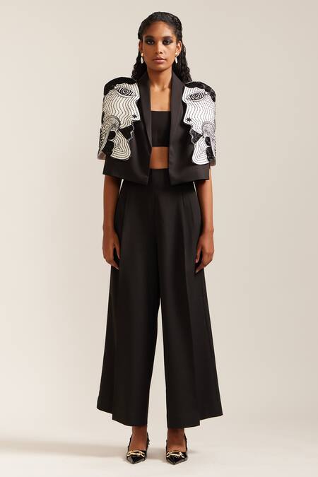 Mini Sondhi_Black Crepe Embroidery Collared Face Crop Jacket With Pant _Online_at_Aza_Fashions
