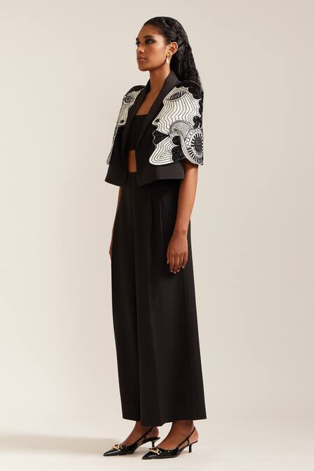 Buy_Mini Sondhi_Black Crepe Embroidery Collared Face Crop Jacket With Pant _Online_at_Aza_Fashions