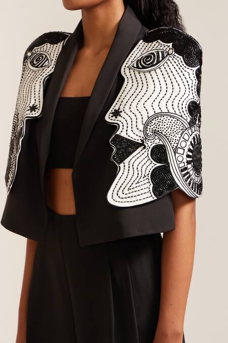 Shop_Mini Sondhi_Black Crepe Embroidery Collared Face Crop Jacket With Pant _Online_at_Aza_Fashions