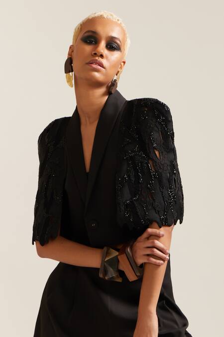 Mini Sondhi Black Crepe Applique Collared Hand Embroidered Crop Jacket With Pant Online at Aza Fashions Mini Sondhi_Black Crepe Applique Collared Hand Embroidered Crop Jacket With Pant _Online_at_Aza_Fashions