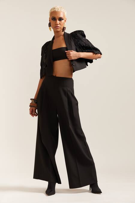 Buy Mini Sondhi Black Crepe Applique Collared Hand Embroidered Crop Jacket With Pant Online at Aza Fashions Buy_Mini Sondhi_Black Crepe Applique Collared Hand Embroidered Crop Jacket With Pant _Online_at_Aza_Fashions