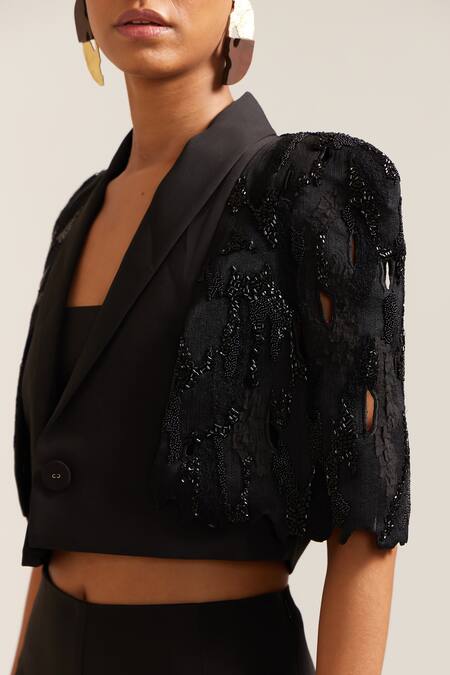 Shop Mini Sondhi Black Crepe Applique Collared Hand Embroidered Crop Jacket With Pant Online at Aza Fashions Shop_Mini Sondhi_Black Crepe Applique Collared Hand Embroidered Crop Jacket With Pant _Online_at_Aza_Fashions