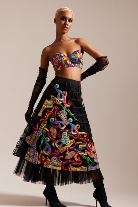 MINI SONDHI Grid Psychedelic Applique Skirt With Bustier 