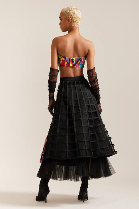 Mini Sondhi Grid Psychedelic Applique Skirt With Bustier 