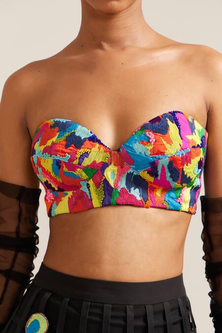 Mini Sondhi_Black Nylon Beads, Applique Sweetheart Neck Grid Psychedelic Skirt With Bustier _Online_at_Aza_Fashions