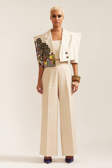Mini Sondhi Beige Linen Embroidery Collared Picasso Structured Jacket With Pant Online at Aza Fashions Mini Sondhi_Beige Linen Embroidery Collared Picasso Structured Jacket With Pant _Online_at_Aza_Fashions