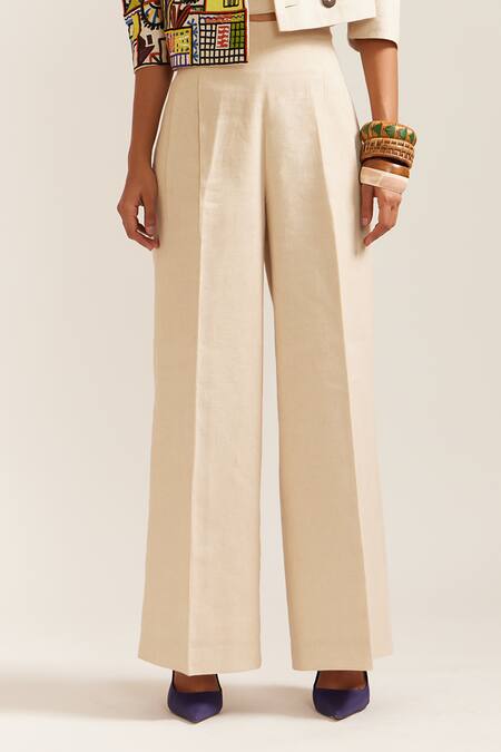 Buy Mini Sondhi Beige Linen Embroidery Collared Picasso Structured Jacket With Pant Online at Aza Fashions Buy_Mini Sondhi_Beige Linen Embroidery Collared Picasso Structured Jacket With Pant _Online_at_Aza_Fashions