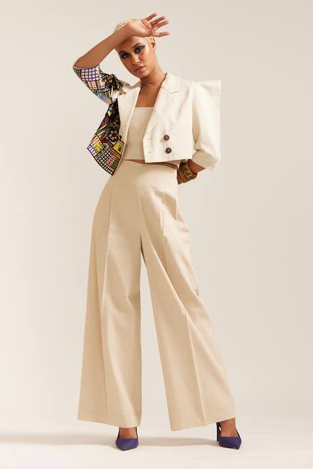 Mini Sondhi Beige Linen Embroidery Collared Picasso Structured Jacket With Pant at Aza Fashions Mini Sondhi_Beige Linen Embroidery Collared Picasso Structured Jacket With Pant _at_Aza_Fashions