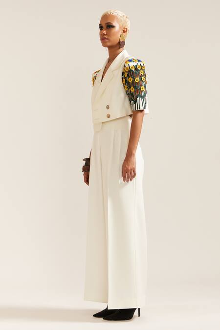 Buy_Mini Sondhi_Cream Crepe Embroidery Open Neck Sunflower Box Sleeve Jacket With Pant _Online_at_Aza_Fashions