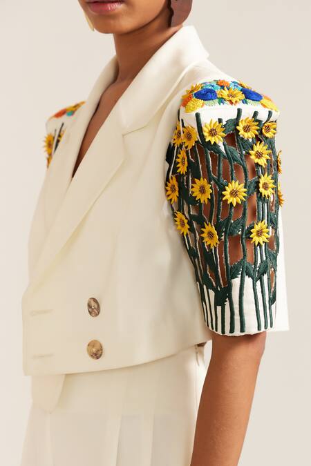 Shop_Mini Sondhi_Cream Crepe Embroidery Open Neck Sunflower Box Sleeve Jacket With Pant _Online_at_Aza_Fashions