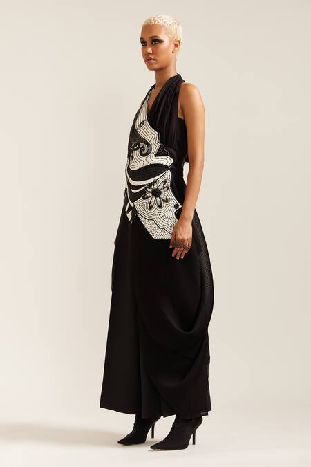 Mini Sondhi_Black Crepe Applique, Beads Halter Neck Face Embroidered Drape Jacket And Pant Set _Online_at_Aza_Fashions