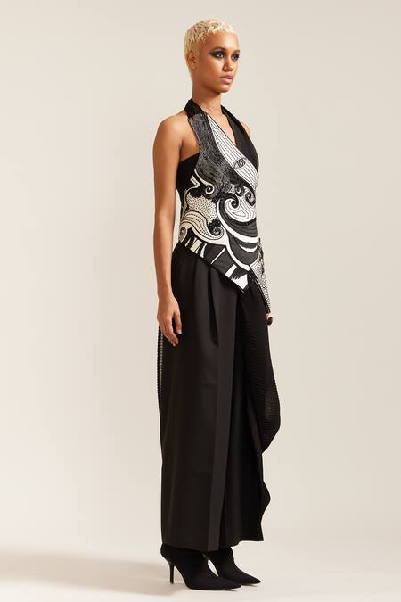 Buy_Mini Sondhi_Black Crepe Applique, Beads Halter Neck Face Embroidered Drape Jacket And Pant Set _Online_at_Aza_Fashions