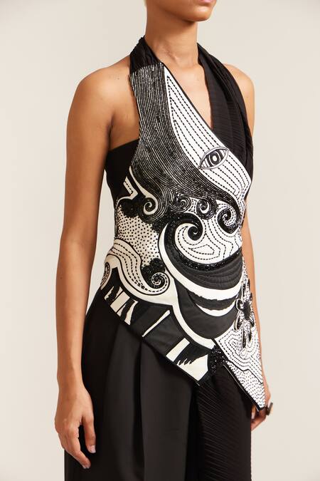 Shop_Mini Sondhi_Black Crepe Applique, Beads Halter Neck Face Embroidered Drape Jacket And Pant Set _Online_at_Aza_Fashions