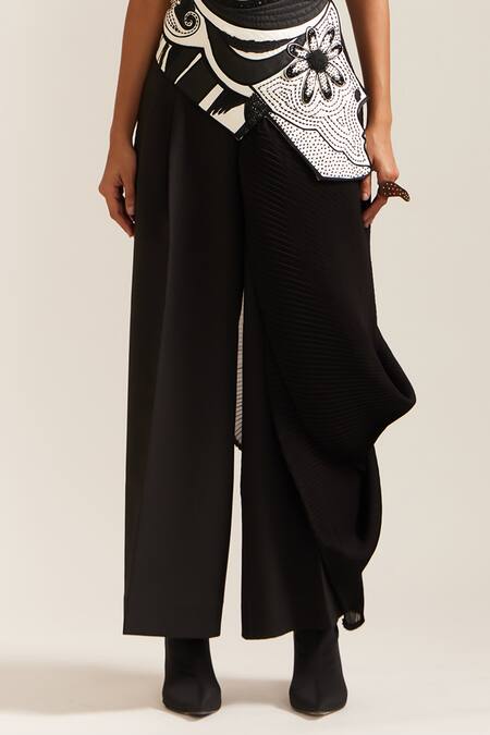 Mini Sondhi_Black Crepe Applique, Beads Halter Neck Face Embroidered Drape Jacket And Pant Set _at_Aza_Fashions