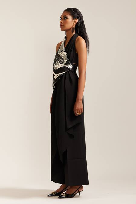 Mini Sondhi Black Crepe Embroidery, Applique, Beads Asymmetric Drape Jacket And Pant Set Online at Aza Fashions Mini Sondhi_Black Crepe Embroidery, Applique, Beads Asymmetric Drape Jacket And Pant Set _Online_at_Aza_Fashions