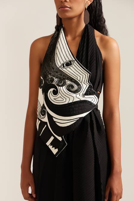 Buy Mini Sondhi Black Crepe Embroidery, Applique, Beads Asymmetric Drape Jacket And Pant Set Online at Aza Fashions Buy_Mini Sondhi_Black Crepe Embroidery, Applique, Beads Asymmetric Drape Jacket And Pant Set _Online_at_Aza_Fashions