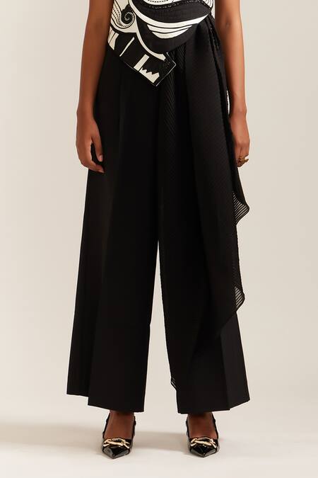 Shop Mini Sondhi Black Crepe Embroidery, Applique, Beads Asymmetric Drape Jacket And Pant Set Online at Aza Fashions Shop_Mini Sondhi_Black Crepe Embroidery, Applique, Beads Asymmetric Drape Jacket And Pant Set _Online_at_Aza_Fashions