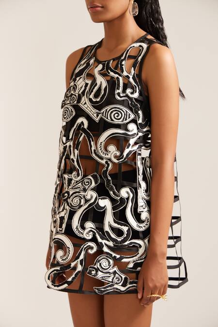 Mini Sondhi Black Crepe, Nylon Applique Round Neck Blurry Eyes Trippy Vibes Dress Set Online at Aza Fashions Mini Sondhi_Black Crepe, Nylon Applique Round Neck Blurry Eyes Trippy Vibes Dress Set _Online_at_Aza_Fashions