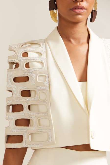Mini Sondhi_Cream Crepe Applique, Beads, Cut Work Collared Bricks Cut-out Jacket With Pant _Online_at_Aza_Fashions
