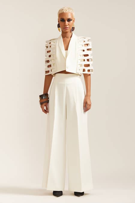 Shop_Mini Sondhi_Cream Crepe Applique, Beads, Cut Work Collared Bricks Cut-out Jacket With Pant _Online_at_Aza_Fashions