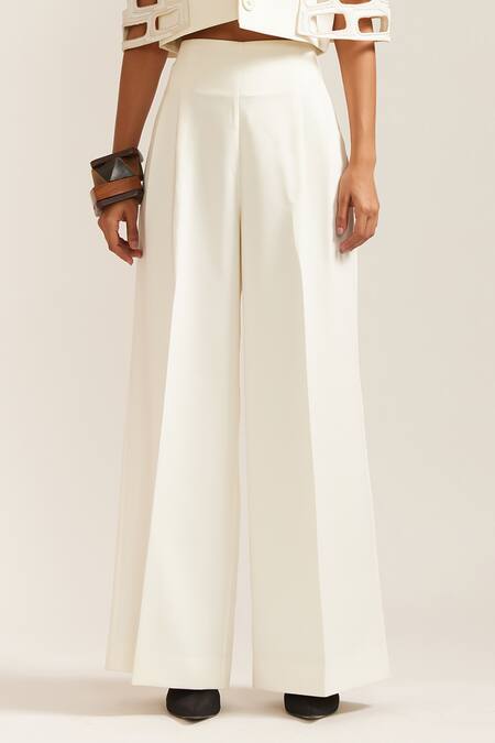 Mini Sondhi_Cream Crepe Applique, Beads, Cut Work Collared Bricks Cut-out Jacket With Pant _at_Aza_Fashions