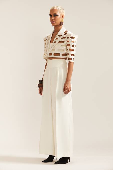 Buy Mini Sondhi Cream Crepe Embroidery, Cut Work Collared Brick Jacket With Pant Online at Aza Fashions Buy_Mini Sondhi_Cream Crepe Embroidery, Cut Work Collared Brick Jacket With Pant _Online_at_Aza_Fashions