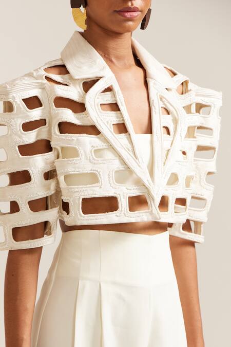 Shop Mini Sondhi Cream Crepe Embroidery, Cut Work Collared Brick Jacket With Pant Online at Aza Fashions Shop_Mini Sondhi_Cream Crepe Embroidery, Cut Work Collared Brick Jacket With Pant _Online_at_Aza_Fashions